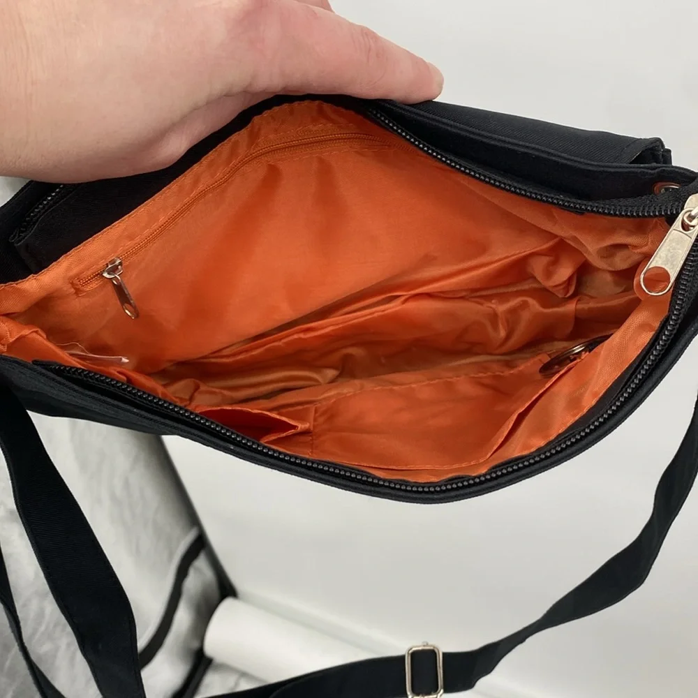 Harold Feinstein Purse Crossbody Bag‎ Black Nylon Orange Oversized Flower Artsy